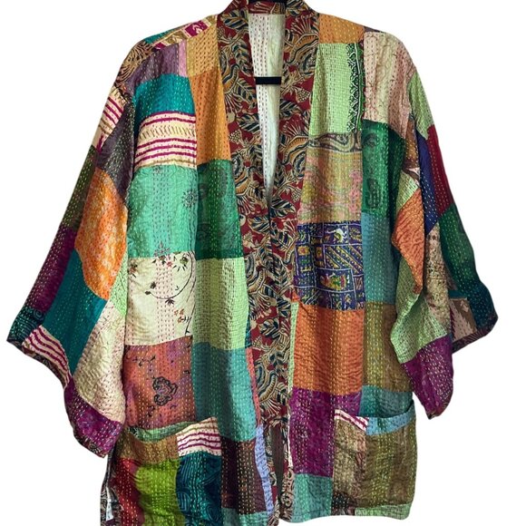 Sevya OS Handmade Kantha Patchwork Kimono Jacket Silk Boho Relaxed - Picture 5 of 12